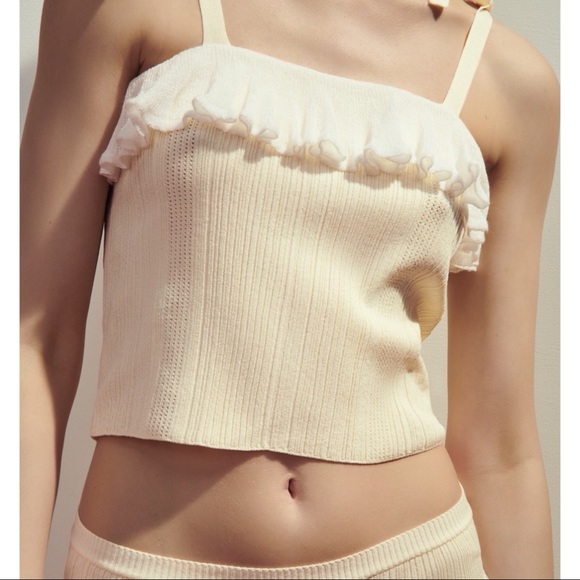 Zara NWT Ruffled Tie Cropped Top Small Ecru White - Picture 2 of 9